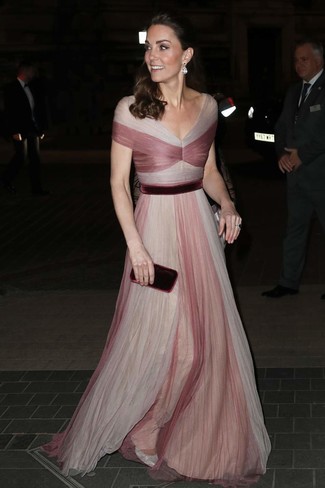 Kate Middleton wearing Clear Earrings, Burgundy Velvet Clutch, Silver Leather Pumps, Pink Tulle Evening Dress