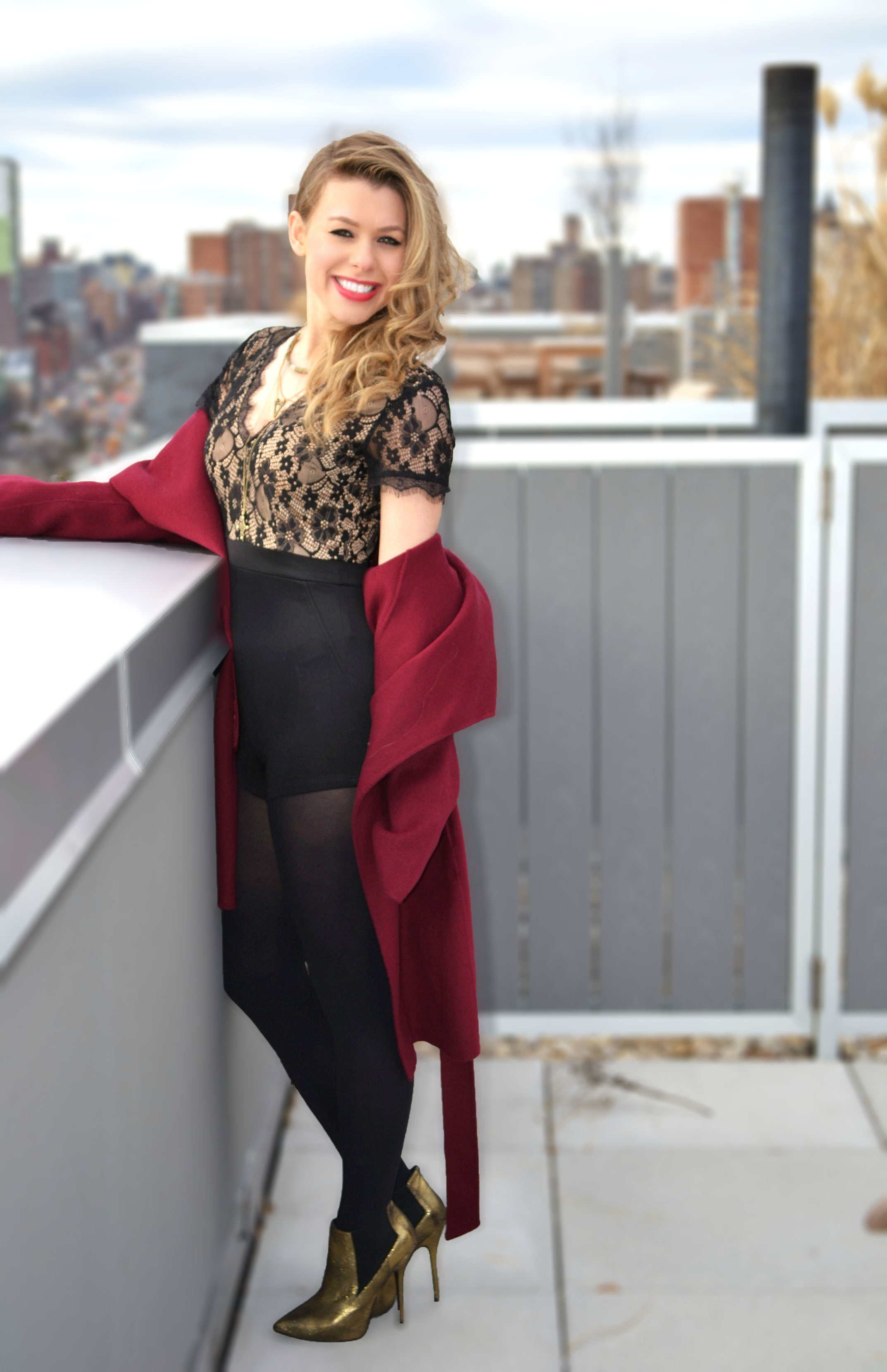 Women's Burgundy Coat, Black Lace Playsuit, Gold Leather Ankle Boots, Black  Tights
