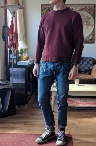 Men's Burgundy Crew-neck Sweater, Blue Jeans, Black and White Canvas High Top Sneakers, Black Leather Watch
