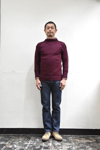 500+ Smart Casual Outfits For Men: If you gravitate towards off-duty combos, why not opt for this pairing of a burgundy crew-neck sweater and navy jeans? A pair of beige suede casual boots will add a more sophisticated twist to an otherwise mostly casual look.