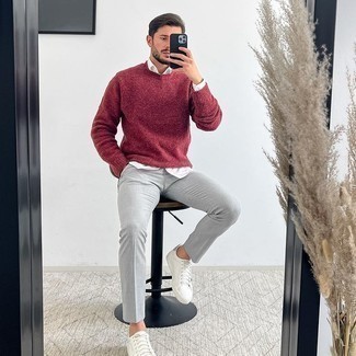 Men's Burgundy Crew-neck Sweater, White Long Sleeve Shirt, Grey Chinos, White Canvas Low Top Sneakers