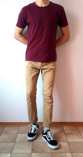 Beige Chinos Hot Weather Outfits: Pairing a burgundy crew-neck t-shirt with beige chinos is an on-point idea for a laid-back but seriously stylish ensemble. Black and white canvas low top sneakers integrate well within a great deal of looks.