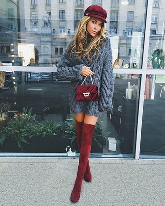 Burgundy Velvet Over The Knee Boots Outfits: 