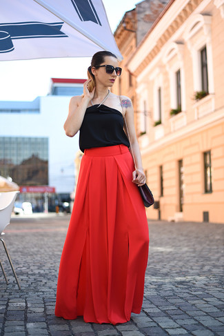 Women's Black Sunglasses, Burgundy Leather Crossbody Bag, Red Flare Pants, Black Silk Sleeveless Top