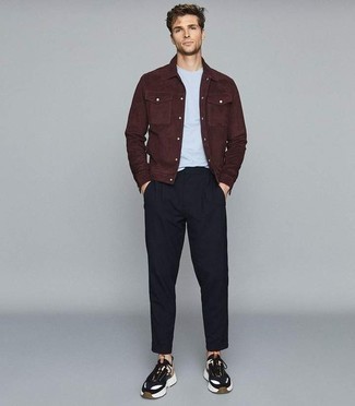 Black and White Athletic Shoes Outfits For Men: Opt for a burgundy suede denim jacket and black chinos for a hassle-free outfit that's also well put together. For something more on the daring side to complete your ensemble, add black and white athletic shoes to the equation.