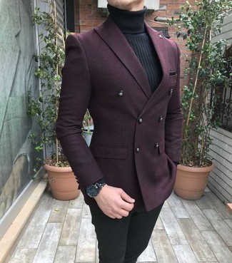 Burgundy Blazer Outfits For Men: You'll be amazed at how easy it is for any gentleman to get dressed this way. Just a burgundy blazer paired with black chinos.