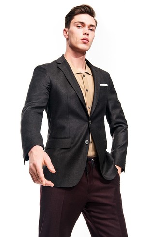 Charcoal Blazer with Burgundy Dress Pants Outfits For Men: 