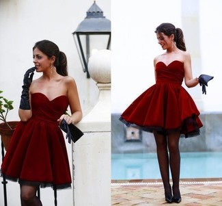 Burgundy Fit and Flare Dress with Black Tights Outfits (5 ideas & outfits)