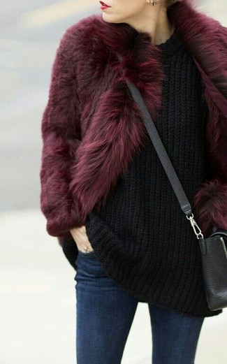 Women's Burgundy Fur Jacket, Black Oversized Sweater, Navy Skinny Jeans, Black Leather Crossbody Bag