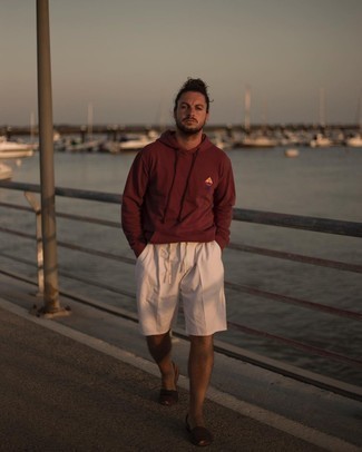 Burgundy Hoodie Outfits For Men: If you're a fan of off-duty outfits, why not take this combo of a burgundy hoodie and white shorts for a walk? Why not introduce a pair of dark brown canvas espadrilles to the mix for a dash of class?