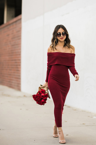 Red Sheath Dress Outfits: Showcase your fashion-forward side by opting for a red sheath dress. A cool pair of beige leather heeled sandals pulls this outfit together.