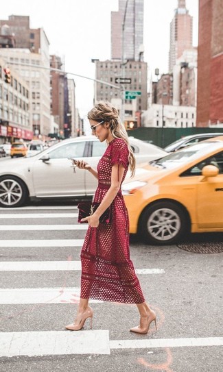 Go for a burgundy lace midi dress to demonstrate you've got serious sartorial prowess. If you're clueless about how to round off, a pair of beige leather pumps is a good idea.