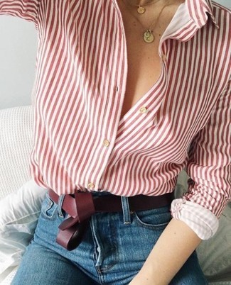 White and Navy Vertical Striped Dress Shirt Outfits For Women: 