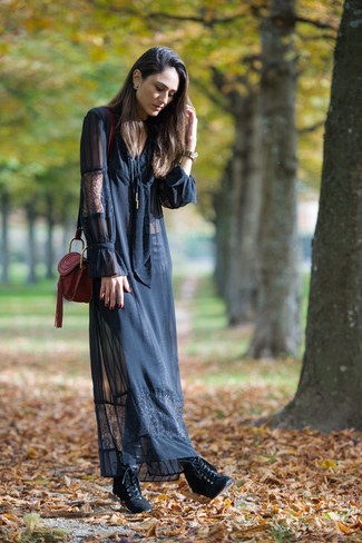 Women's Burgundy Leather Crossbody Bag, Black Leather Lace-up Ankle Boots, Black Lace Maxi Dress