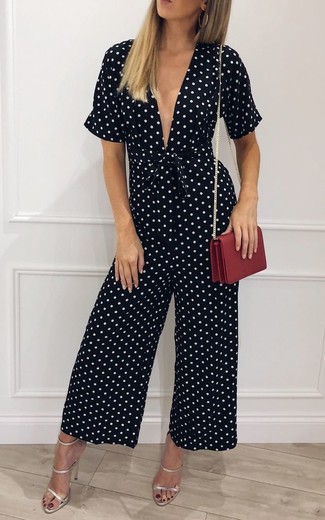 Women's Burgundy Leather Crossbody Bag, Silver Leather Heeled Sandals, Black and White Polka Dot Jumpsuit