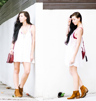 Women's Burgundy Leather Crossbody Bag, Tobacco Suede Ankle Boots, White Tank Dress
