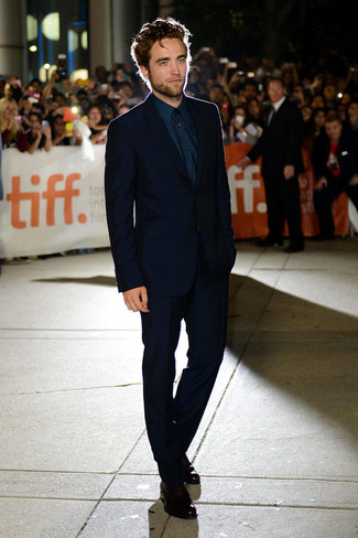 Robert Pattinson wearing Burgundy Leather Derby Shoes, Navy Dress Shirt, Navy Suit