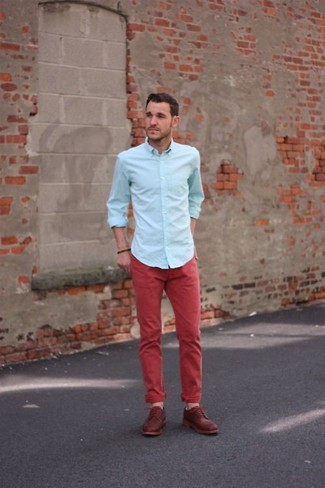 Men's Burgundy Leather Derby Shoes, Red Chinos, Light Blue Dress Shirt