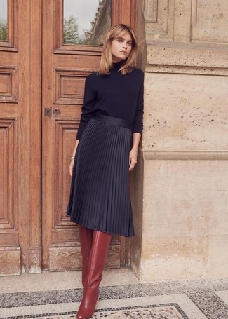 Women's Burgundy Leather Knee High Boots, Black Pleated Midi Skirt, Black Turtleneck