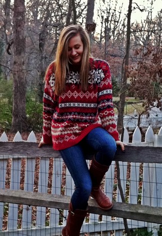 Women's Burgundy Leather Mid-Calf Boots, Blue Jeans, Red Fair Isle Crew-neck Sweater