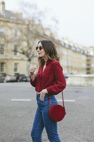 Women's Burgundy Long Sleeve Blouse, Blue Jeans, Burgundy Leather Crossbody Bag, Black Sunglasses