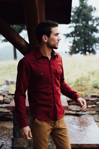 Why not try teaming a burgundy long sleeve shirt with brown chinos? Both pieces are super comfortable and will look awesome combined together.