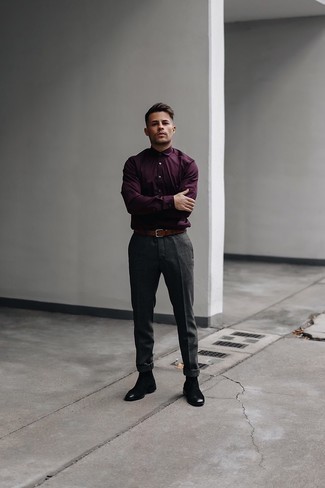 Burgundy Long Sleeve Shirt Outfits For Men: If you're on a mission for a casual and at the same time sharp getup, reach for a burgundy long sleeve shirt and charcoal chinos. A pair of black suede chelsea boots easily boosts the style factor of any look.