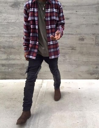 Red and White Plaid Long Sleeve Shirt Outfits For Men: If you appreciate the comfort look, rock a red and white plaid long sleeve shirt with black ripped jeans. Feeling transgressive today? Dress up your ensemble with a pair of dark brown suede chelsea boots.