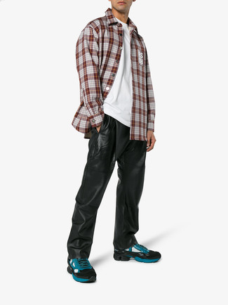 Black Leather Sweatpants Outfits For Men: If you gravitate towards comfort dressing, why not make a burgundy plaid long sleeve shirt and black leather sweatpants your outfit choice? Rounding off with teal athletic shoes is a guaranteed way to infuse a carefree touch into your ensemble.