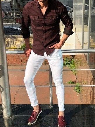 Men's Burgundy Long Sleeve Shirt, White Skinny Jeans, Burgundy Leather Tassel Loafers