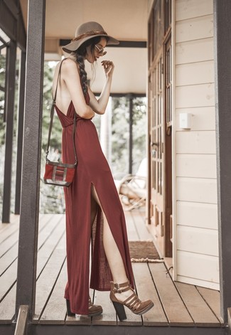 Red Leather Crossbody Bag Outfits: For a relaxed ensemble, go for a burgundy maxi dress and a red leather crossbody bag — these items go really well together. A pair of brown cutout leather ankle boots effortlessly revs up the style factor of your ensemble.