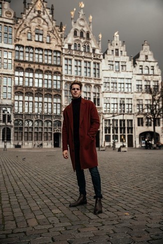 Burgundy Overcoat Outfits: You'll be surprised at how very easy it is for any man to put together this effortlessly classic outfit. Just a burgundy overcoat paired with navy jeans. Finishing off with dark brown leather chelsea boots is an easy way to breathe an added touch of style into your ensemble.