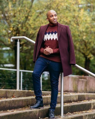 Burgundy Overcoat Outfits: For a fail-safe smart option, you can't go wrong with this combination of a burgundy overcoat and navy jeans. To bring out a more mellow side of you, complement this outfit with black leather desert boots.