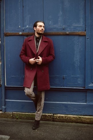 Burgundy Coat Outfits For Men: Marrying a burgundy coat and dark brown dress pants is a guaranteed way to breathe manly elegance into your closet. To give this outfit a dressier touch, why not make dark brown suede chelsea boots your footwear choice?