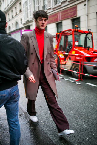 Red Overcoat Outfits: For an outfit that's city-style-worthy and effortlessly classic, pair a red overcoat with burgundy chinos. Rounding off with a pair of white leather low top sneakers is the most effective way to inject a dash of stylish nonchalance into this getup.