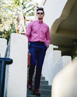 Men's Brown Leather Briefcase, Burgundy Leather Oxford Shoes, Navy Dress Pants, Hot Pink Long Sleeve Shirt