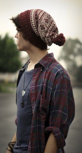 Burgundy Fair Isle Beanie Outfits For Men: This getup with a burgundy plaid long sleeve shirt and a burgundy fair isle beanie isn't a hard one to create and is open to more experimentation.