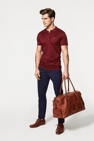 Red Polo Outfits For Men: This combination of a red polo and navy chinos is on the off-duty side yet it's also dapper and razor-sharp. A trendy pair of brown leather oxford shoes is the simplest way to power up your ensemble.