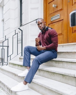 Burgundy Polo Neck Sweater Outfits For Men: A burgundy polo neck sweater and blue plaid dress pants are a polished combination that every modern gentleman should have in his collection. White canvas low top sneakers are a surefire way to add a touch of stylish casualness to this ensemble.