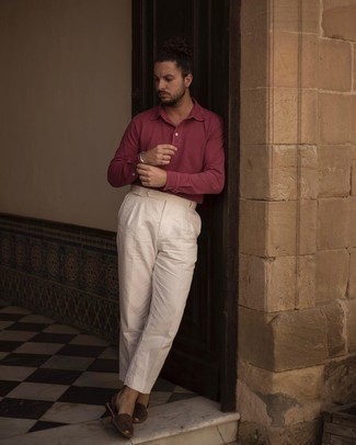 Espadrilles Outfits For Men: Pair a burgundy polo neck sweater with white chinos to achieve new levels in outfit coordination. Want to tone it down on the shoe front? Complete this outfit with espadrilles for the day.