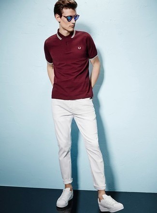 Red Polo Outfits For Men: Consider teaming a red polo with white jeans to create an interesting and current off-duty outfit. The whole look comes together quite nicely when you complement this look with white canvas low top sneakers.