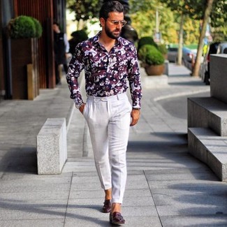 Burgundy Print Dress Shirt Outfits For Men: Teaming a burgundy print dress shirt with white dress pants is an amazing idea for a sharp and sophisticated outfit. Complement your outfit with burgundy leather double monks for maximum fashion effect.