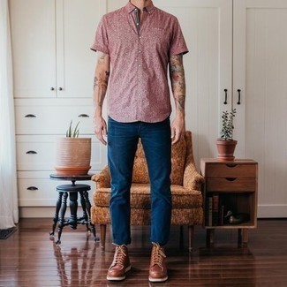 Men's Burgundy Print Short Sleeve Shirt, Navy Jeans, Tobacco Leather Casual Boots