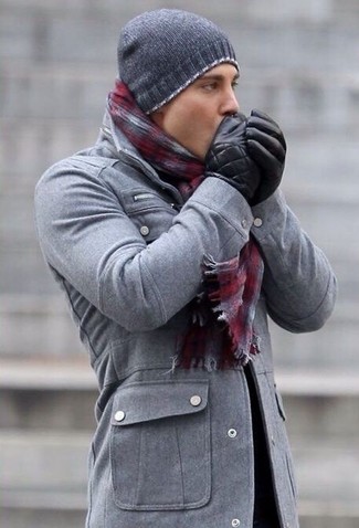 Burgundy Plaid Scarf Outfits For Men: 