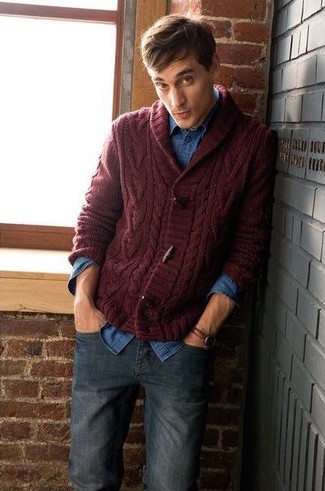 Men's Burgundy Shawl Cardigan, Blue Denim Shirt, Navy Jeans