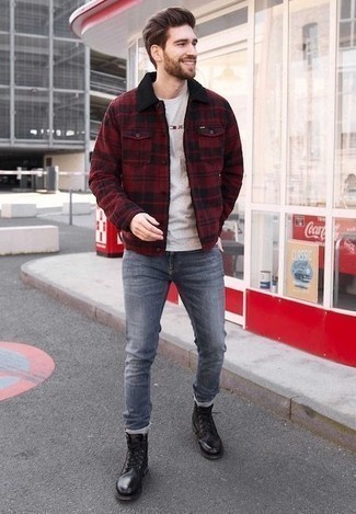 Grey Jeans with Red Shirt Jacket Casual Outfits For Men (5 ideas