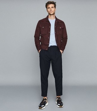 Men's Burgundy Suede Shirt Jacket, Light Blue Crew-neck T-shirt, Black Chinos, Black and White Athletic Shoes