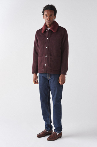 Men's Burgundy Wool Shirt Jacket, Navy Jeans, Dark Brown Leather Loafers, White Socks