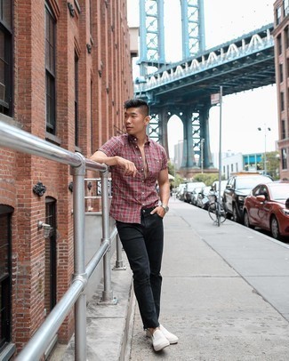 Red Short Sleeve Shirt Outfits For Men: For a street style getup, Rock a red short sleeve shirt with black ripped jeans. A pair of white canvas slip-on sneakers will take your outfit in a more sophisticated direction.