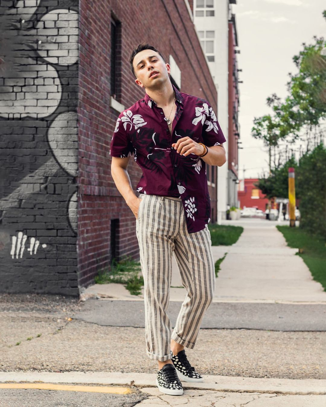 Men's Burgundy Floral Short Sleeve Shirt, White Vertical Striped